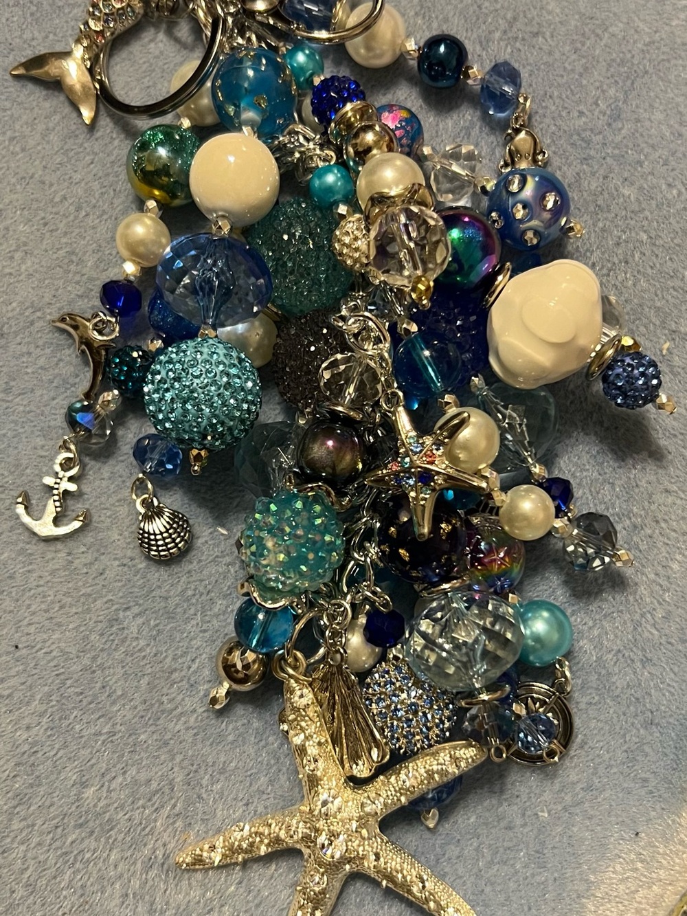 Blue and Pearl Charm Cluster Keychain - Beach Starfish Design